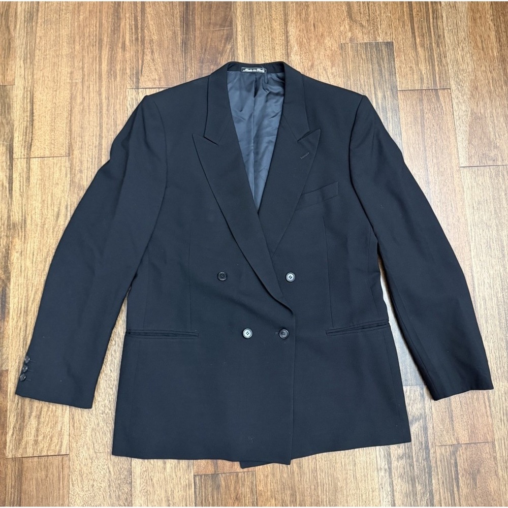 Vintage Giorgio Armani Double Breasted Wool Cashmere Blazer 44R Black Italy Mens